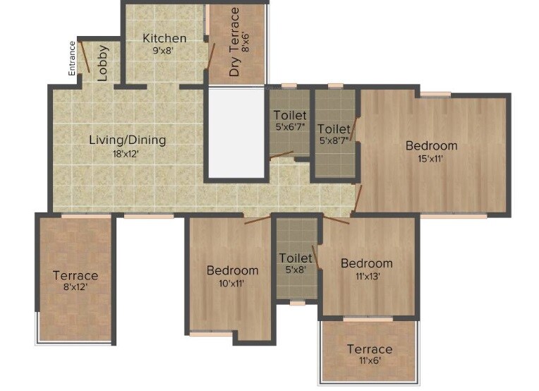 Floor plan of 3 BHK 808 Sq. Ft. Apartment in Paranjape Swapna Samrat, Pune