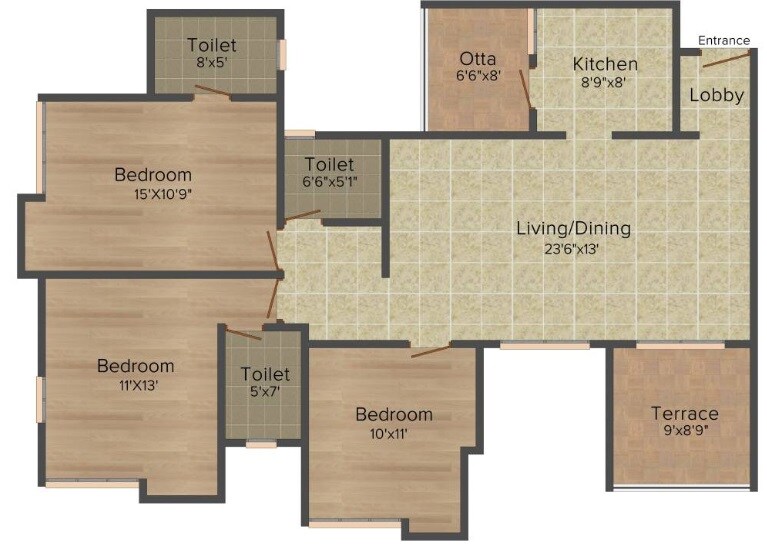 Floor plan of 3 BHK 835 Sq. Ft. Apartment in Paranjape Swapna Samrat, Pune