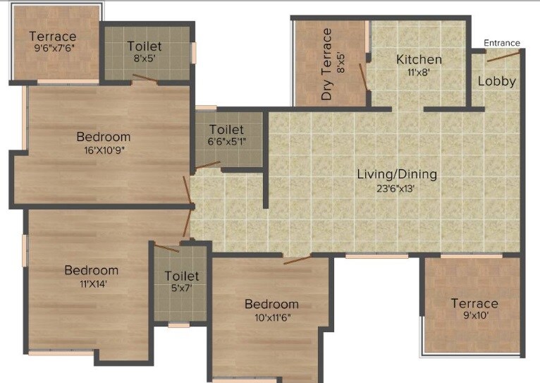 Floor plan of 3 BHK 840 Sq. Ft. Apartment in Paranjape Swapna Samrat, Pune