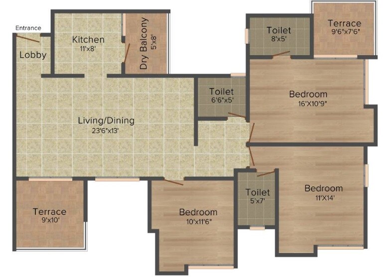 Floor plan of 3 BHK 848 Sq. Ft. Apartment in Paranjape Swapna Samrat, Pune