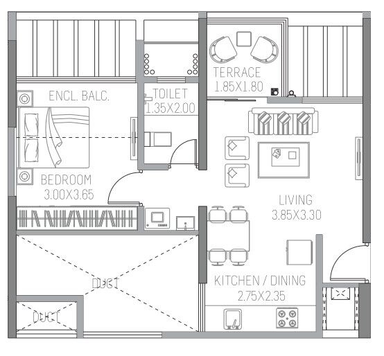 Floor plan of 1 BHK 445 Sq. Ft. Apartment in Paranjape Trident C D, Pune