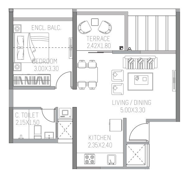 Floor plan of 1 BHK 495 Sq. Ft. Apartment in Paranjape Trident C D, Pune