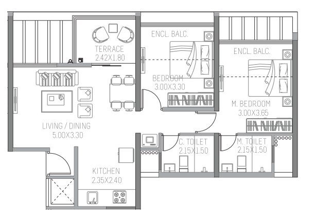 Floor plan of 2 BHK 657 Sq. Ft. Apartment in Paranjape Trident C D, Pune