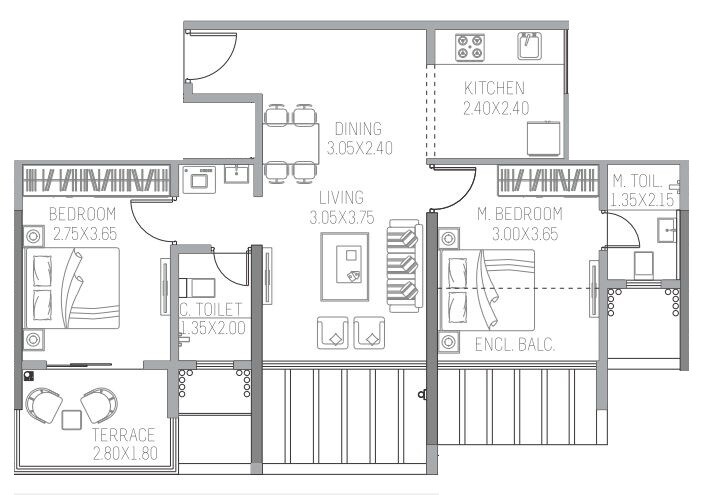 Floor plan of 2 BHK 699 Sq. Ft. Apartment in Paranjape Trident C D, Pune