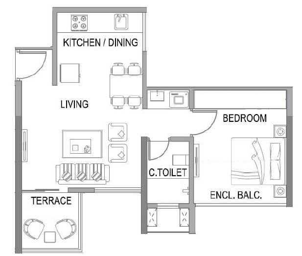 Floor plan of 1 BHK 445 Sq. Ft. Apartment in Paranjape Trident Towers, Pune