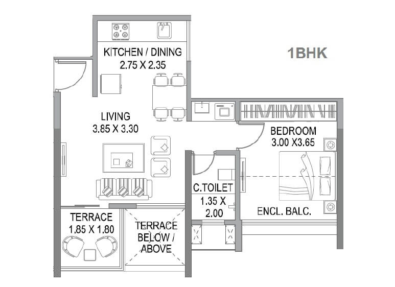 Floor plan of 1 BHK 455 Sq. Ft. Apartment in Paranjape Trident Towers, Pune