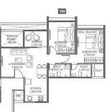 Floor plan of 2 BHK 694 Sq. Ft. Apartment in Paranjape Trident Towers, Pune