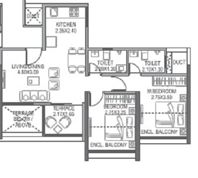 Floor plan of 2 BHK 658 Sq. Ft. Apartment in Paranjape Trident Towers, Pune
