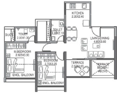 Floor plan of 2 BHK 686 Sq. Ft. Apartment in Paranjape Trident Towers, Pune