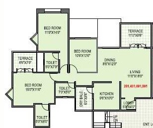 Floor plan of 3 BHK 1630 Sq. Ft. Apartment in Paranjape Yuthika Apartment, Pune