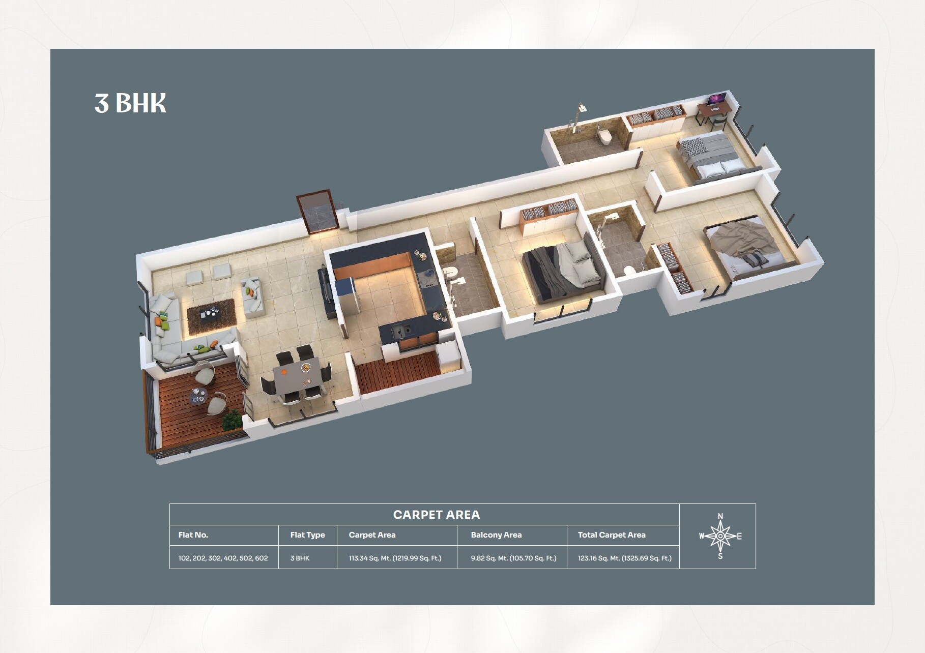 Floor plan of 3 BHK 1325 Sq. Ft. Apartment in Paranjpe Dinkar Apartments, Pune