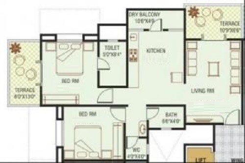 Floor plan of 2 BHK 1155 Sq. Ft. Apartment in Paras Delicia, Pune