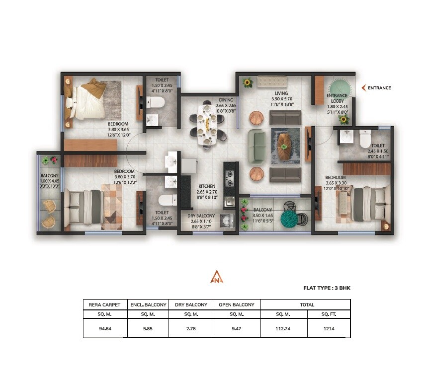 Floor plan of 3 BHK 1214 Sq. Ft. Apartment in Parichay CHS Sadashiv Peth, Pune
