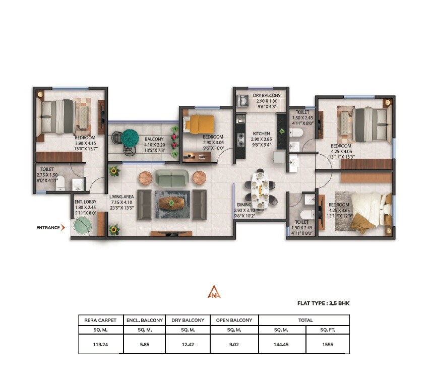 3 BHK 1555 Sq. Ft. Apartment
