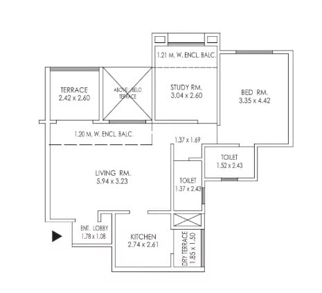 Floor plan of 2 BHK 638 Sq. Ft. Apartment in Park Express, Pune