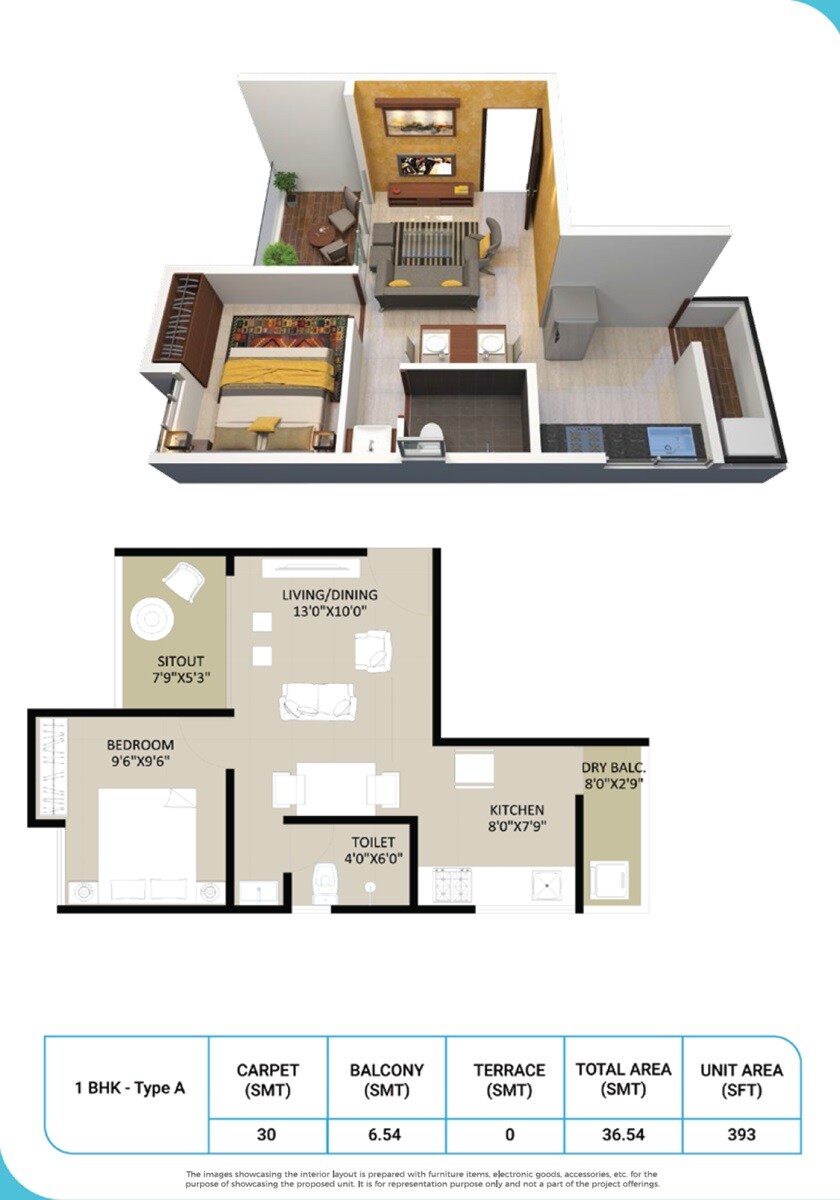 Floor plan of 1 BHK 393 Sq. Ft. Apartment in Parklane Lifeseasons, Pune