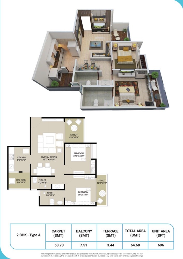 Floor plan of 2 BHK 696 Sq. Ft. Apartment in Parklane Lifeseasons, Pune