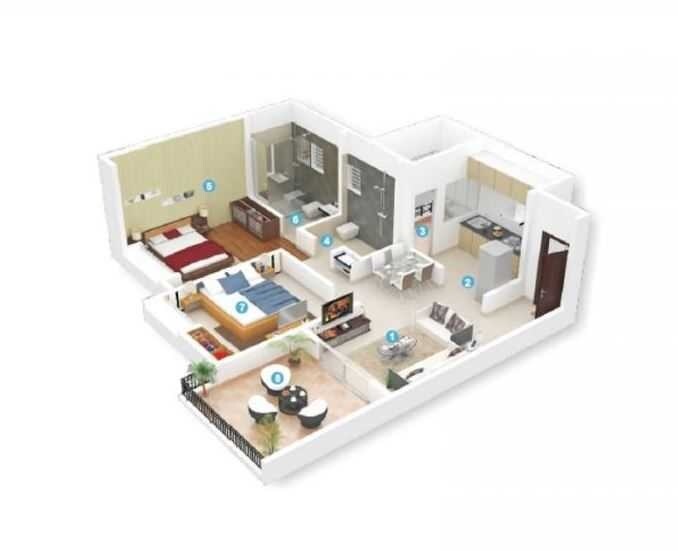 Floor plan of 2 BHK 553 Sq. Ft. Apartment in Parmar Rio Vista, Pune