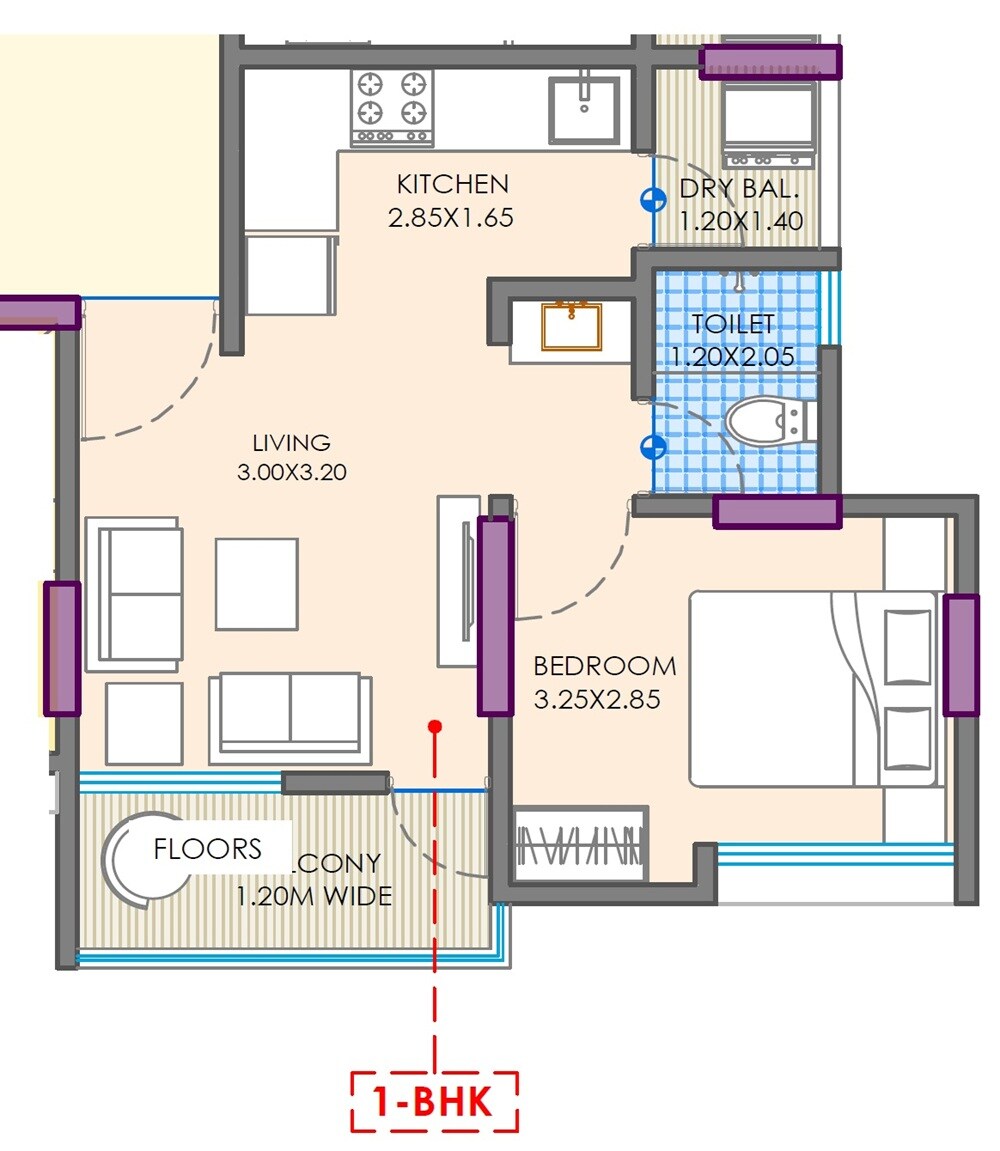 Floor plan of 1 BHK 400 Sq. Ft. Apartment in Parmeshwari Vrindavan, Pune