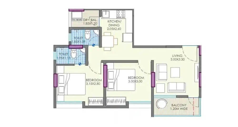 Floor plan of 2 BHK 667 Sq. Ft. Apartment in Parmeshwari Vrindavan, Pune