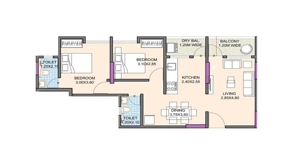 Floor plan of 2 BHK 707 Sq. Ft. Apartment in Parmeshwari Vrindavan, Pune