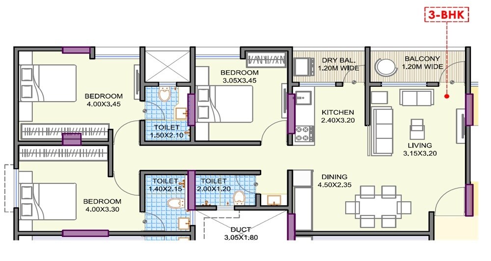Floor plan of 3 BHK 1022 Sq. Ft. Apartment in Parmeshwari Vrindavan, Pune