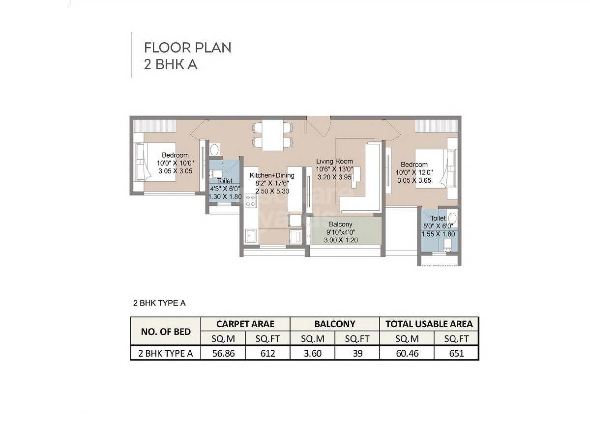 Floor plan of 2 BHK 651 Sq. Ft. Apartment in Parshwa Greens, Pune