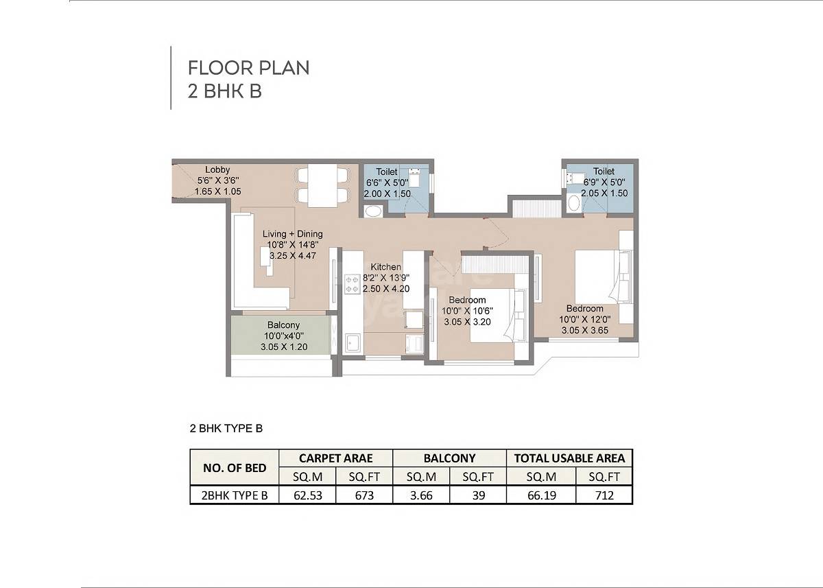 Floor plan of 2 BHK 712 Sq. Ft. Apartment in Parshwa Greens, Pune