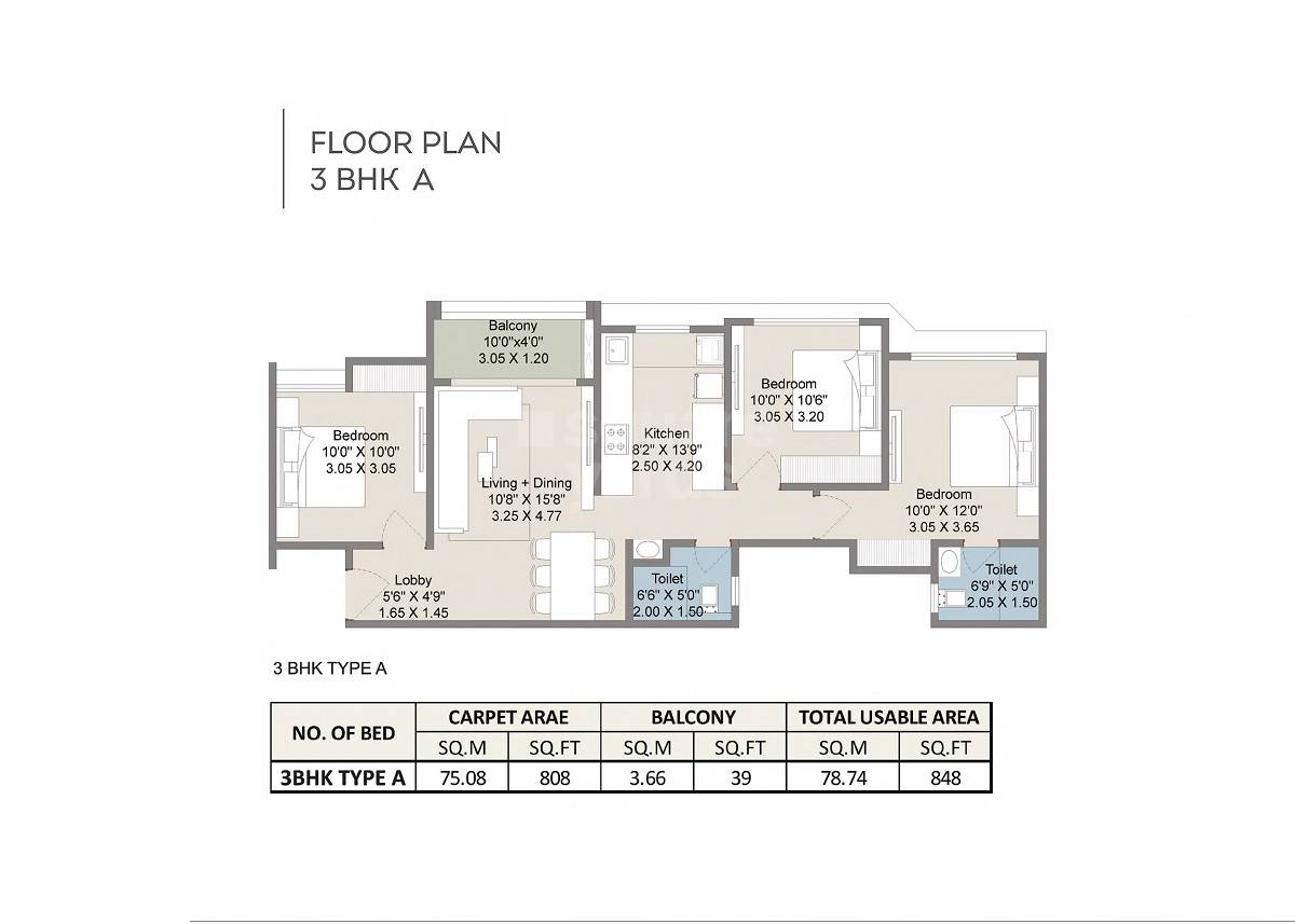 Floor plan of 3 BHK 848 Sq. Ft. Apartment in Parshwa Greens, Pune