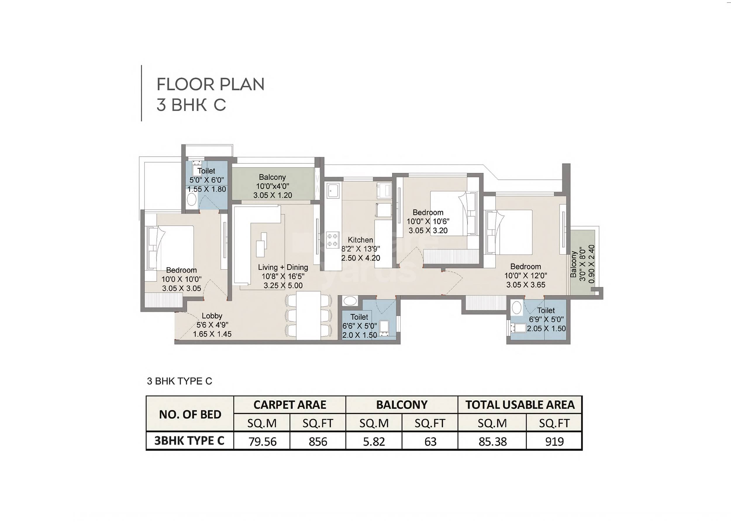 Floor plan of 3 BHK 919 Sq. Ft. Apartment in Parshwa Greens, Pune