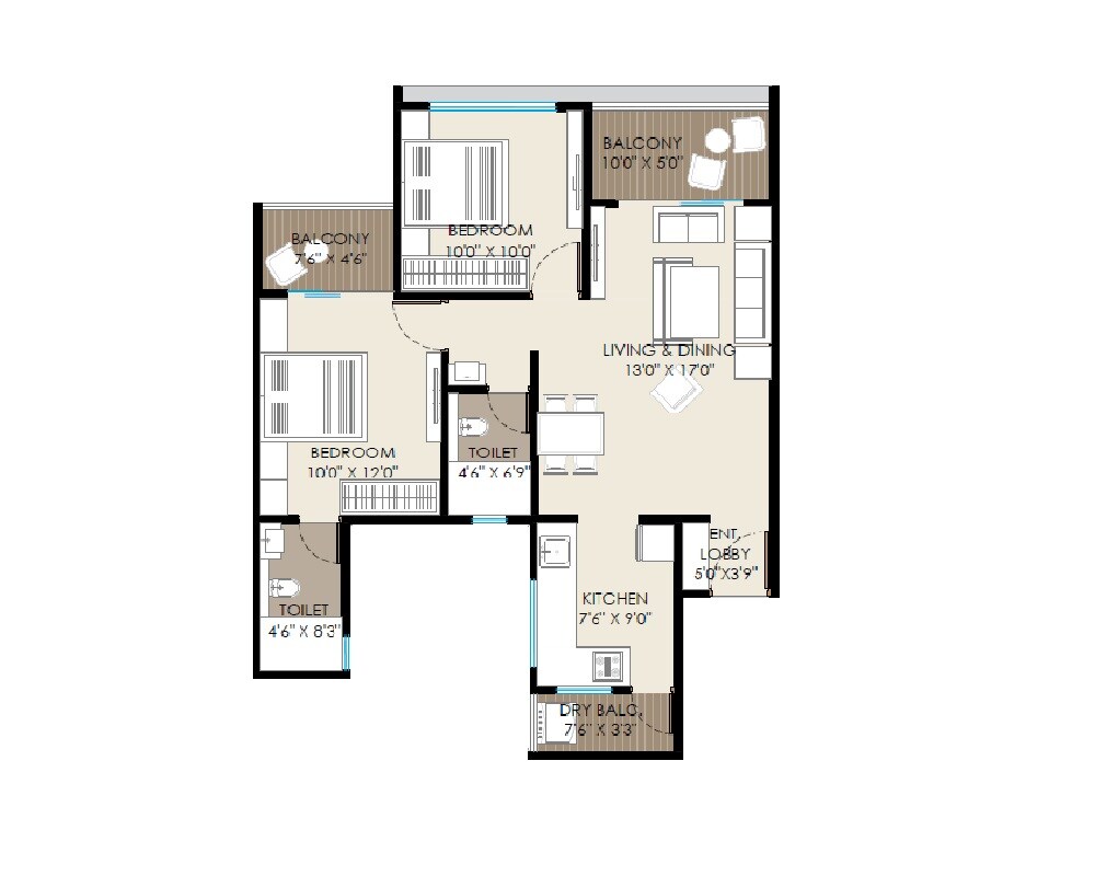 Floor plan of 2 BHK 750 Sq. Ft. Apartment in Parshwa Palazzo, Pune