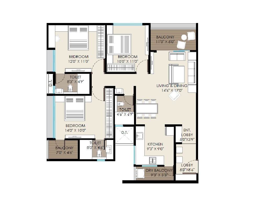 Floor plan of 3 BHK 1099 Sq. Ft. Apartment in Parshwa Palazzo, Pune