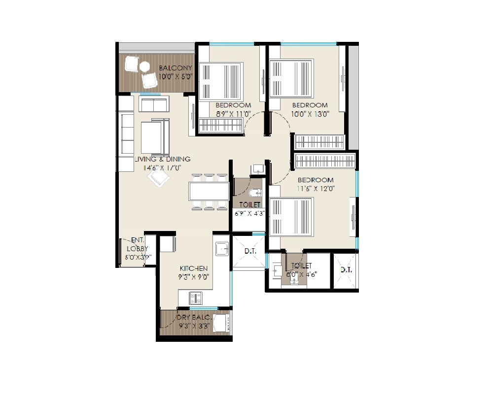 Floor plan of 3 BHK 907 Sq. Ft. Apartment in Parshwa Palazzo, Pune