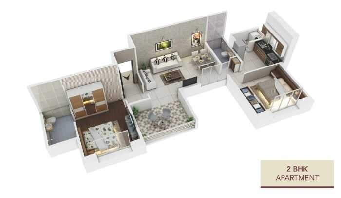 Floor plan of 2 BHK 736 Sq. Ft. Apartment in Parshwa Veda, Pune