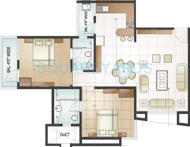 Floor plan of 2 BHK 1070 Sq. Ft. Apartment in Parsvnath Pratishtha, Pune