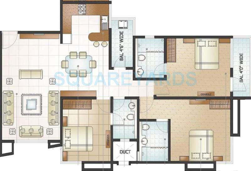 Floor plan of 3 BHK 1497 Sq. Ft. Apartment in Parsvnath Pratishtha, Pune