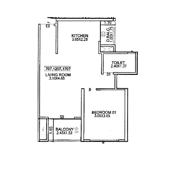 Floor plan of 1 BHK 520 Sq. Ft. Apartment in Parth Kiona, Pune