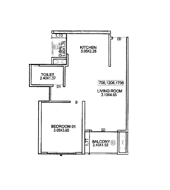 Floor plan of 1 BHK 645 Sq. Ft. Apartment in Parth Kiona, Pune