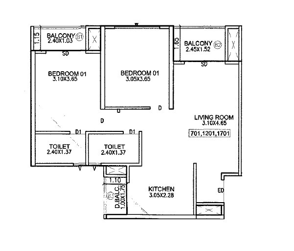 Floor plan of 2 BHK 762 Sq. Ft. Apartment in Parth Kiona, Pune