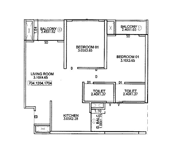 Floor plan of 2 BHK 767 Sq. Ft. Apartment in Parth Kiona, Pune