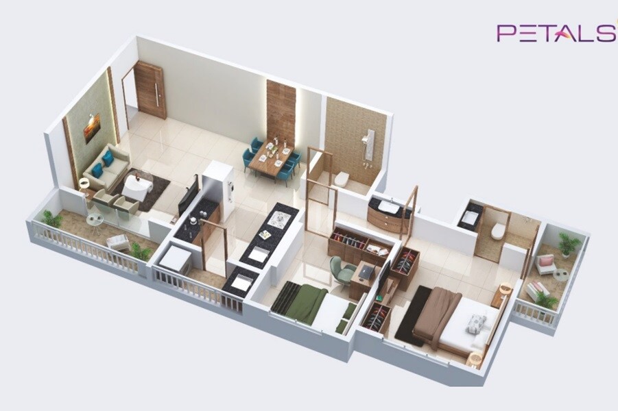 Floor plan of 2 BHK 806 Sq. Ft. Apartment in Pashankar Petals, Pune