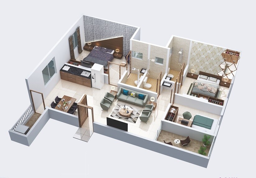 Floor plan of 3 BHK 963 Sq. Ft. Apartment in Pashankar Petals, Pune