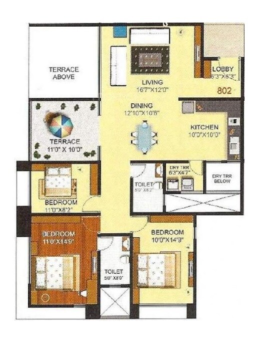Floor plan of 3 BHK 1343 Sq. Ft. Apartment in Pashankar Yin Yang, Pune