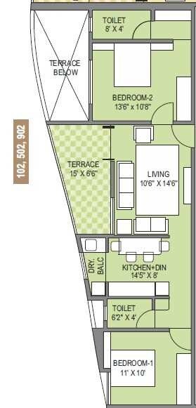 Floor plan of 2 BHK 1126 Sq. Ft. Apartment in Pate Courtyard, Pune