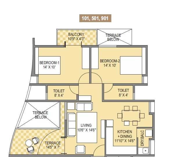 Floor plan of 2 BHK 937 Sq. Ft. Apartment in Pate Courtyard, Pune