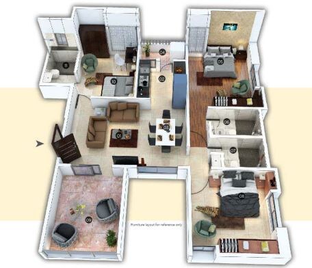 Floor plan of 3 BHK 1012 Sq. Ft. Apartment in Pate Kimaya E, Pune