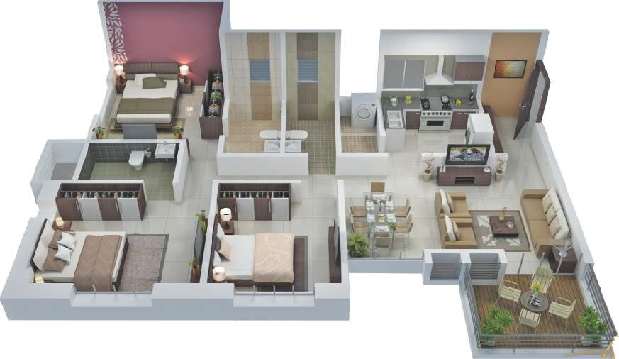 Floor plan of 3 BHK 1050 Sq. Ft. Apartment in Pate Life Montage, Pune