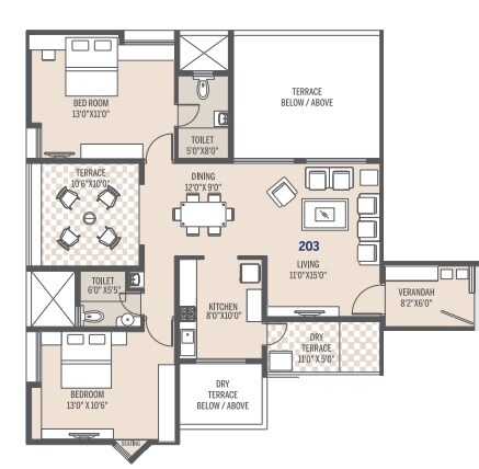 Floor plan of 2 BHK 605 Sq. Ft. Apartment in Pate Seya, Pune