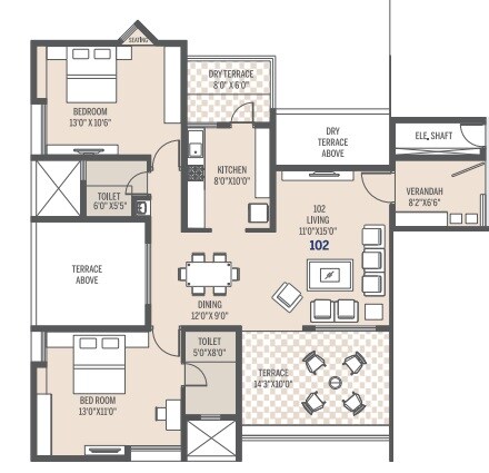 Floor plan of 2 BHK 674 Sq. Ft. Apartment in Pate Seya, Pune