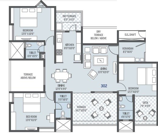 Floor plan of 3 BHK 754 Sq. Ft. Apartment in Pate Seya, Pune